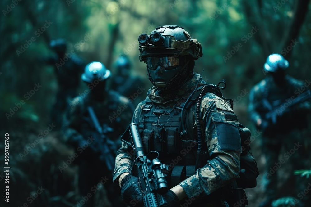 Special Forces Military Unit in full tactical gear , walking in the jungle. Generative AI - obrazy, fototapety, plakaty 
