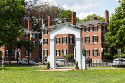 Historic Salem Commons Park town green in Summer with arch