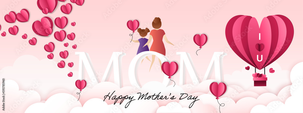 Mother with daughter, flying pink paper hearts and hot air balloon. Symbols of love on pink background. Happy Mother's day. (Vector)