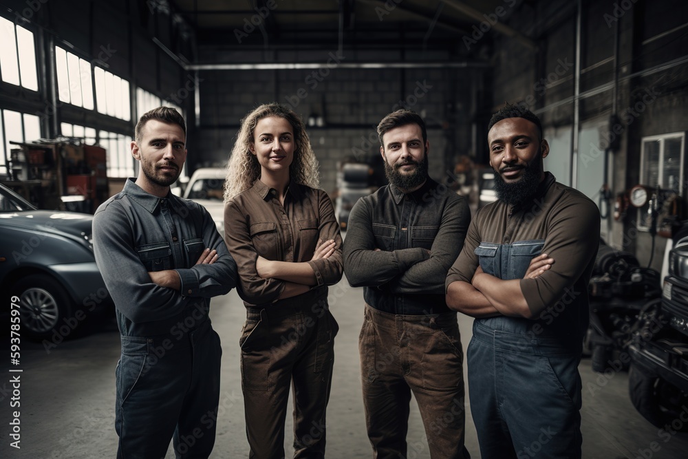 Fototapeta premium Advertising portrait shot of a mechanic team standing together in the car workshop and they look at the camera. Generative AI.