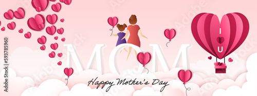 Mother with daughter, flying pink paper hearts and hot air balloon. Symbols of love on pink background. Happy Mother's day. (Vector)
