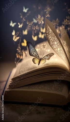 Fantasy Open Book with Magical Butterfly Sprout - AI Generated Illustration © Kirk