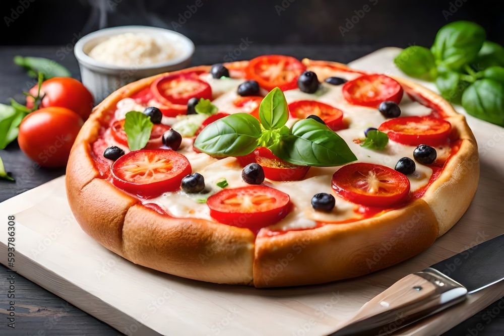 Very detailed image of Pizza with its main ingredients in the background - created with Generative AI technology Very detailed image of Pizza with its main ingredients in the background - created with Generative AI technology