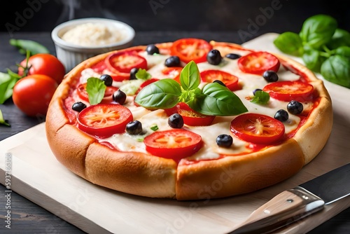Very detailed image of Pizza with its main ingredients in the background - created with Generative AI technology