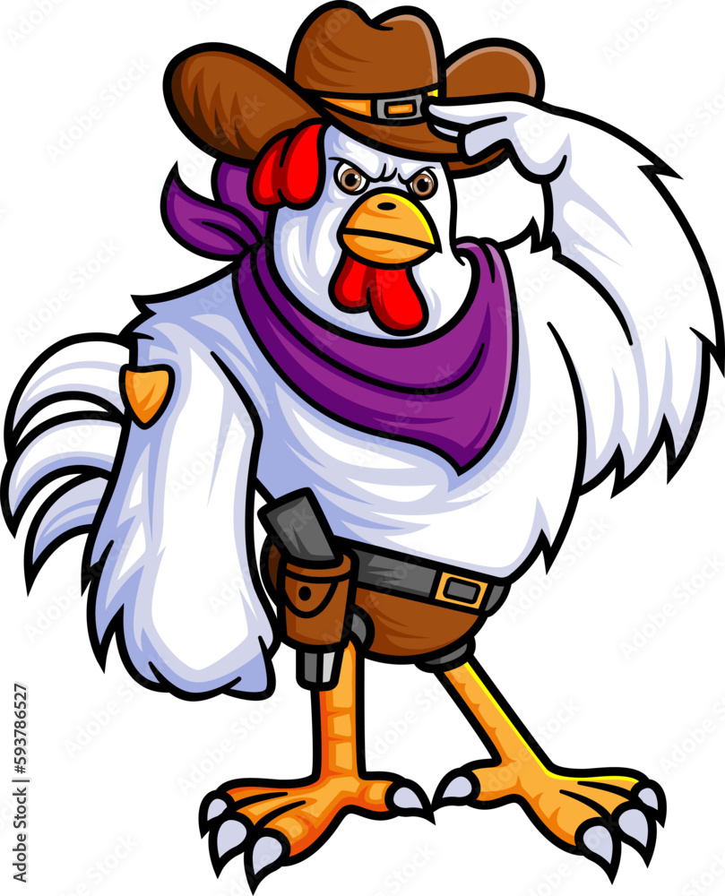 a strong rooster wearing a cowboy costume is posing for a salute