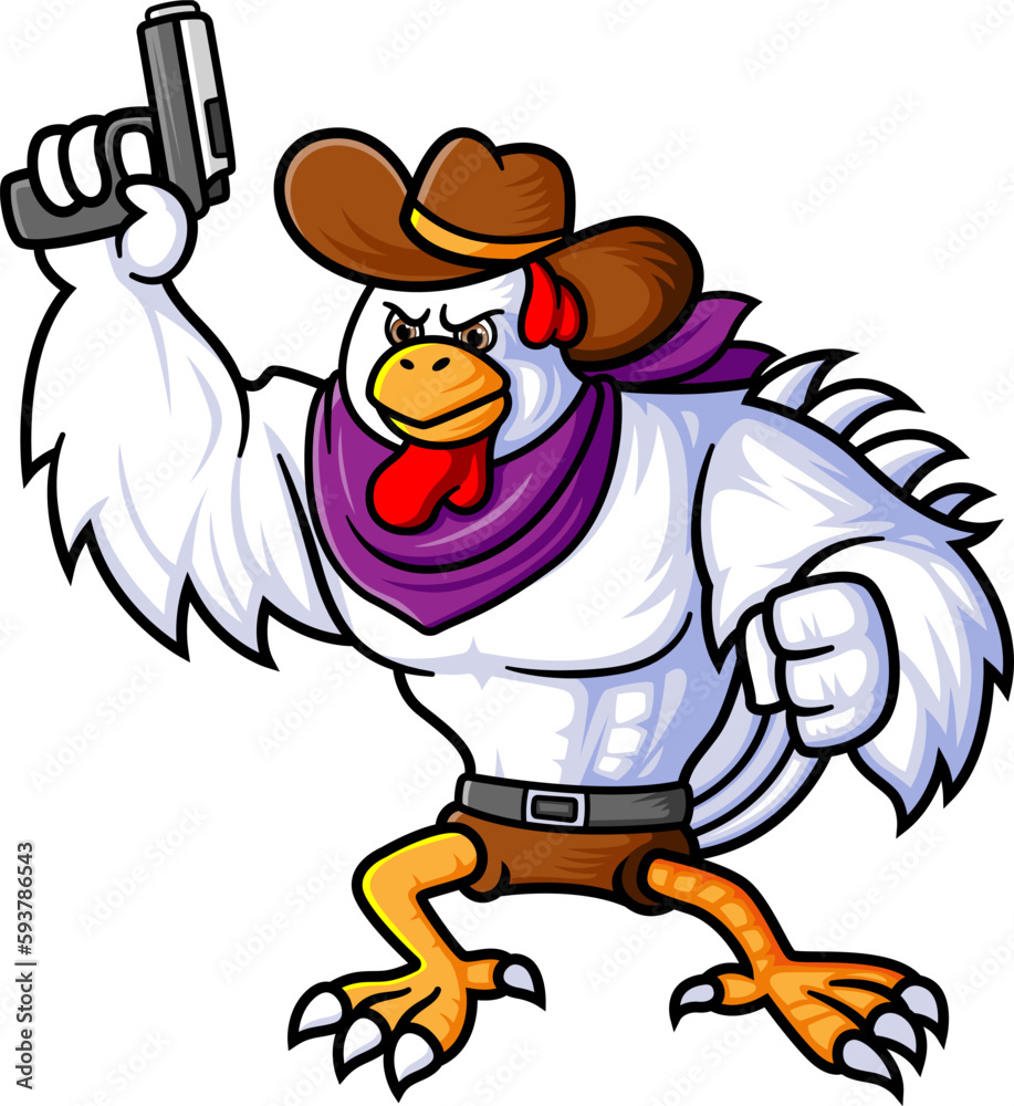 Obraz premium a strong rooster wearing a cowboy costume posing for a warning shot