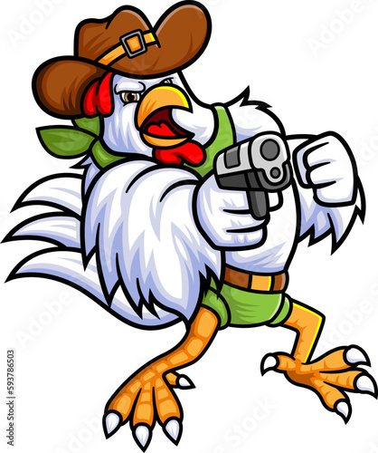 a rooster wearing a cowboy costume in action with a gun