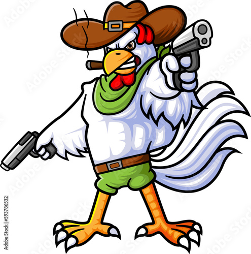 a strong rooster wearing a cowboy costume in action with two guns