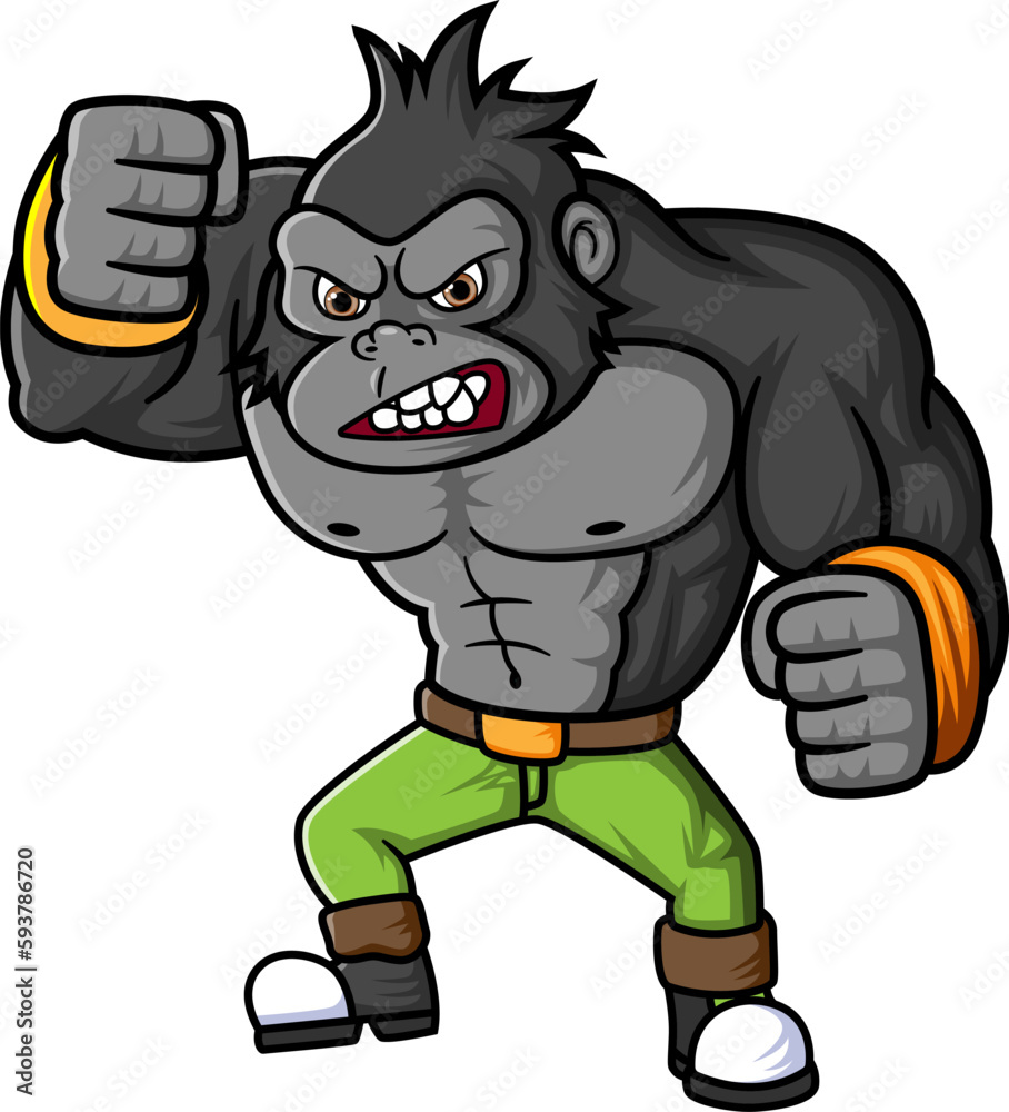 a big and strong gorilla wearing green pants and shoes, ready to fight a big and strong gorilla wearing green pants and shoes, ready to fight