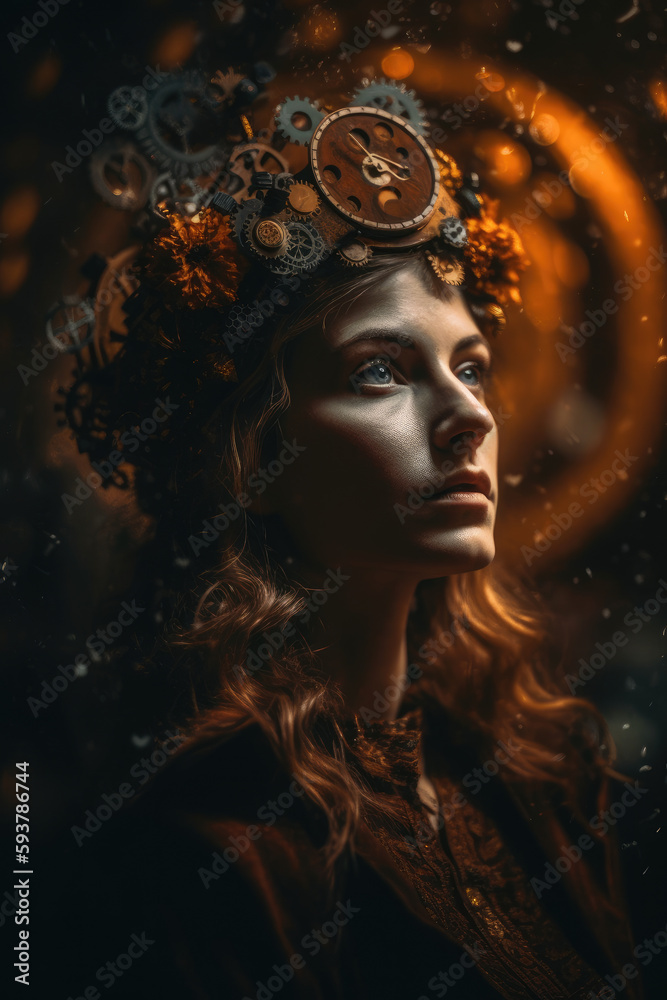 Imaginative portrait of an individual, surrounded by a fantastical clockwork world