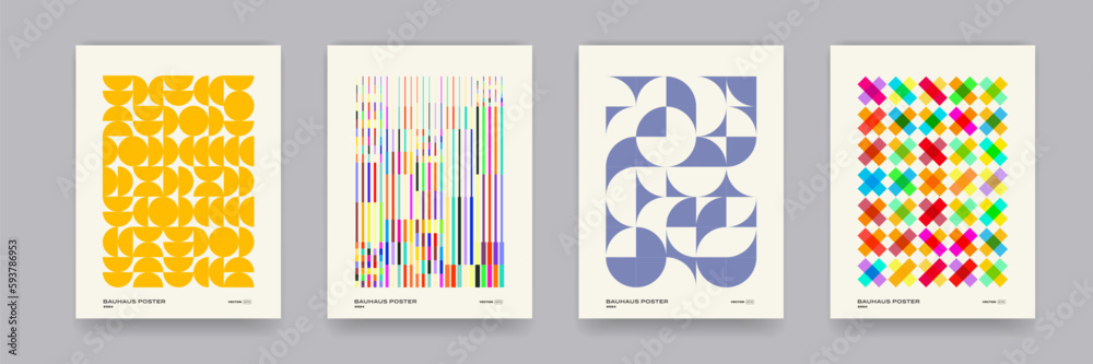 Geometric pattern background, vector abstract contemporary art poster. Multicolored yellow, blue, red and green color, trendy pattern backgrounds set. Modern op-art