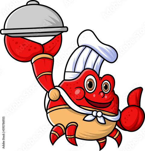 the mascot character of a cute crab works as a professional chef was carrying a plate