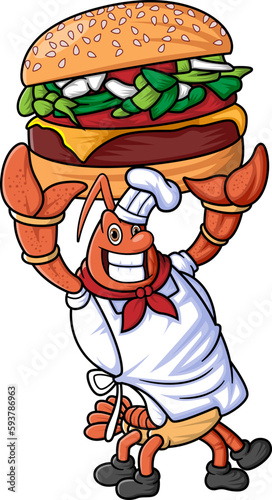 the mascot character of a lobster works as a professional chef posing with a big and delicious hamburger