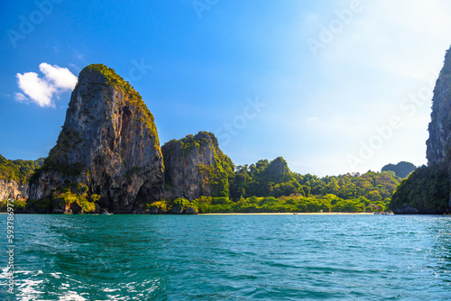 Huge cliff rocks in azure water  Railay beach  Ao Nang  Krabi  Thailand