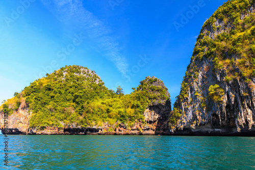 Huge cliff rocks in azure water, Ko Rang Nok, Ao Phra Nang Beach, Ao Nang, Krabi, Thailand