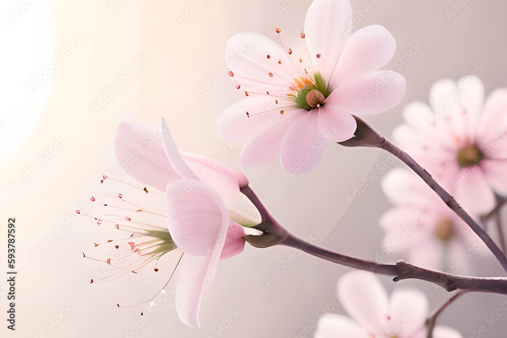 The delicate beauty of hyper-realistic natural white Cherry Blossom flowers is captured in this image, as they grow from right to left.