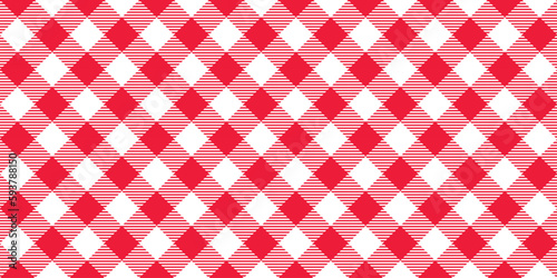 Seamless diagonal gingham pattern. Red and white slanted vichy cage background. Checked tweed plaid repeating wallpaper. Fabric texture design. Vector 