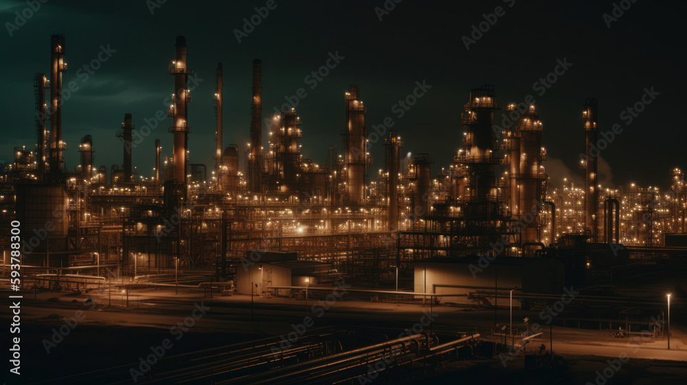 Industrial complex and oil refinery with smokestacks. Al generated