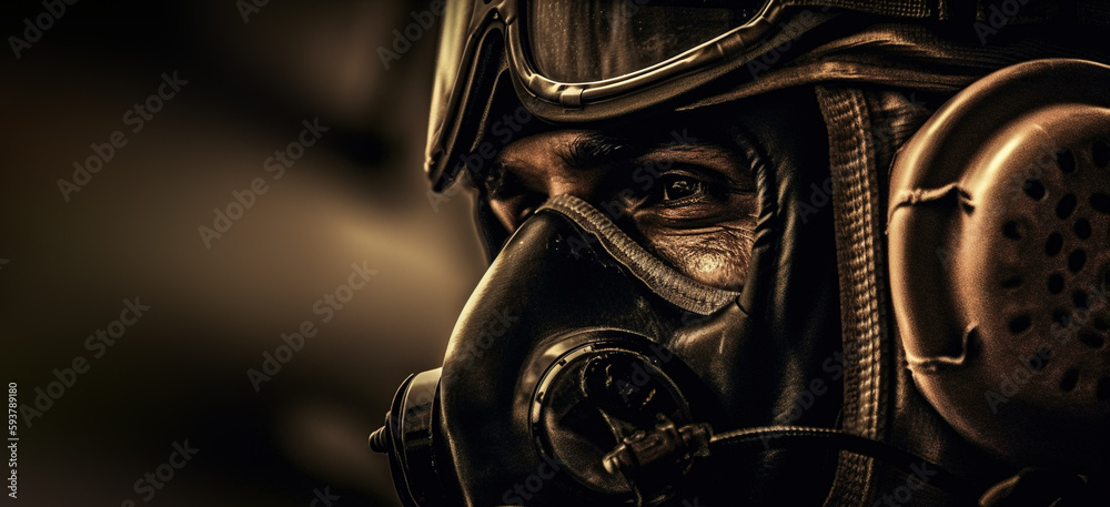 Portrait of fighter pilot wearing helmet on dark background with copy