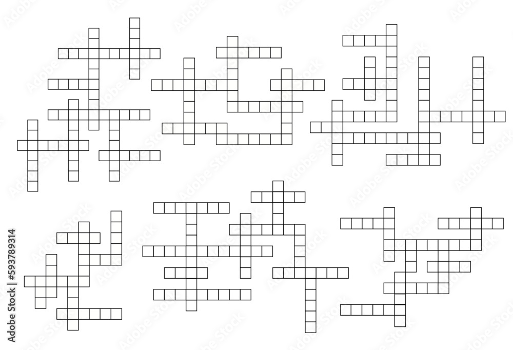 Crossword quiz grids or guess word game layout templates, vector empty boxes. Crossword game backgrounds with vertical and horizontal boxes for cross word quiz or intellectual riddle worksheets