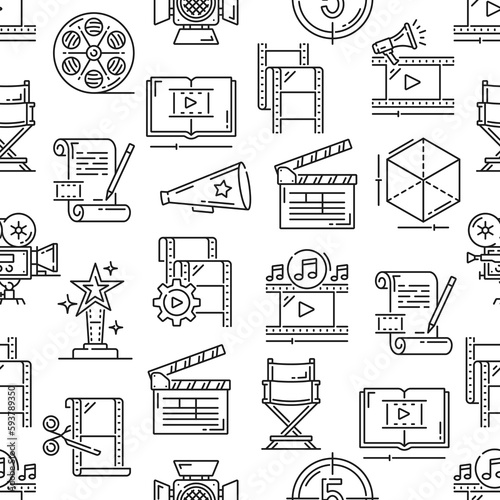 Movie, video production seamless pattern. Vector background with thin line film, camera and cinema ticket, tape reel, film director chair, clapperboard and megaphone, cinematography backdrop