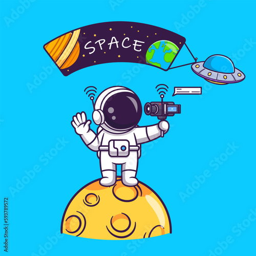 Cute Astronaut Vlogging On Space Cartoon Vector Icon Illustration. Science Technology Icon Concept Isolated Premium Vector. Flat Cartoon Style