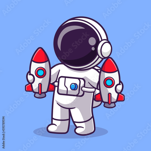 Cute Astronaut Holding Rocket Toys Cartoon Vector Icon Illustration. Science Technology Icon Concept Isolated Premium Vector. Flat Cartoon Style