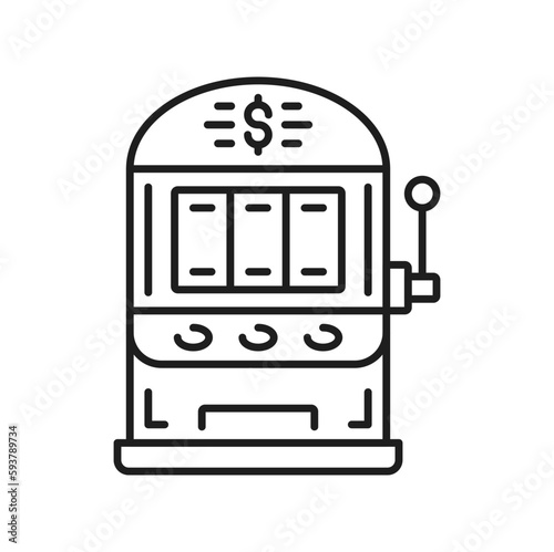Slot machine with lucky sevens combination isolated outline icon. Vector amusement park 777 gambling game machine. Reeling gambler roulette, playing device slot machine one arm bandit. Jackpot sign