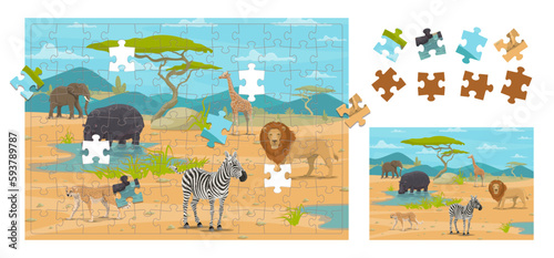 Cartoon african savannah animals. Jigsaw puzzle game pieces. Kids vector worksheet for sparetime activity with giraffe, zebra, elephant, lion, cheetah or hippo. Match the correct part boardgame riddle