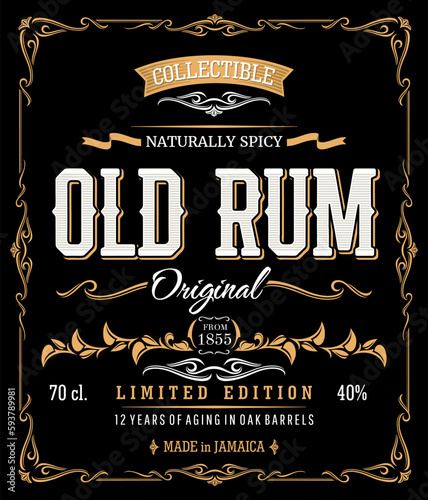 Craft vintage rum label, alcohol drink retro old frame, vector background. Jamaica rum aged in oak barrel, original premium alcohol drink bottle etiquette for limited edition old rum