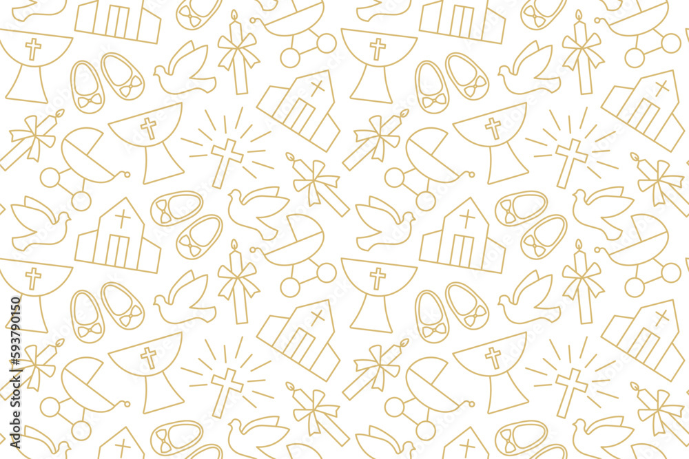 seamless pattern with christian baptism related icons: candle, dove, baby booties, pram, church and baptismal font - vector illustration - obrazy, fototapety, plakaty 