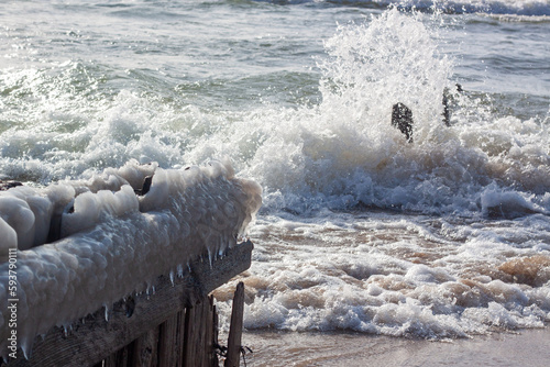 Waves crashing against some icy logs