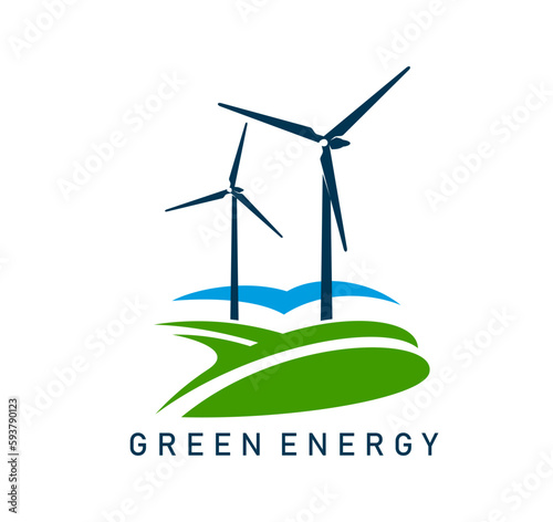 Wind turbine emblem. Green clean energy. Electricity production innovation sign, renewable power source generator tower or sustainable energy generation industry vector symbol with wind turbines