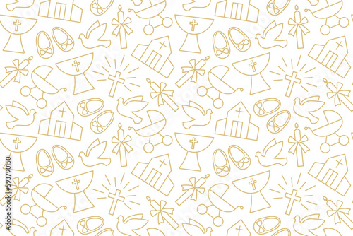 Photographie seamless pattern with christian baptism related icons: candle, dove, baby bootie