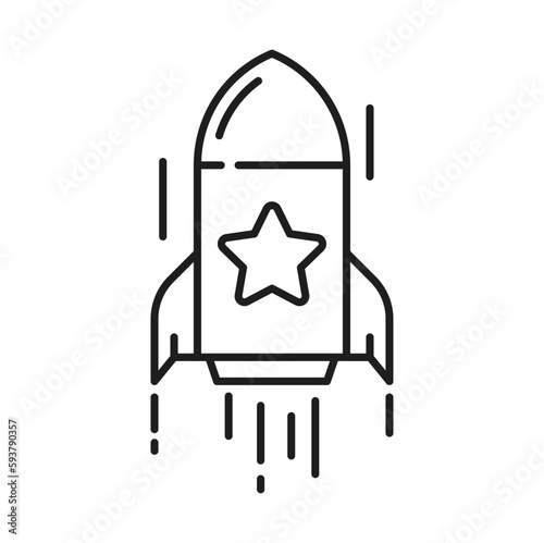 Star rocket startup with favorite star, prize reward special bonus outline icon. Vector flaming spacecraft on start, speed spaceship, beginning of sale