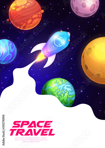 Fototapeta Naklejka Na Ścianę i Meble -  Space travel poster with starship and galaxy planets, vector cartoon space background. Rocket shuttle or spaceship in spaceflight to galaxy stars and alien planets in cartoon fantasy cosmic sky