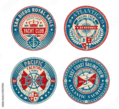 Yacht club retro patches, regatta badge and nautical sailor vector emblems. Yachting cub or sail team and marine, boat crew labels with heraldic anchor and helm, ocean and sea regatta flag patches