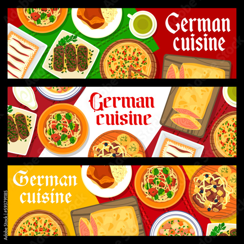 German cuisine restaurant meals banners. Salmon fish pie, ribs with sauerkraut and Berliner Eisbein, noodles with brussel sprouts, soup Eintopf and strudel, pie Zwiebelkuchen, pork roll with mushrooms