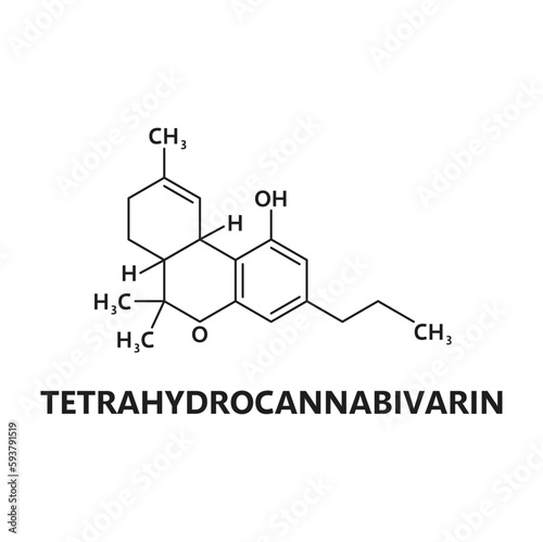 Tetrahydrocannabivarin cannabinoid molecule. Marijuana narcotic chemistry atomic composition, medical cannabis cannabinoid chemical vector formula or scheme, weed compound biomolecule science model
