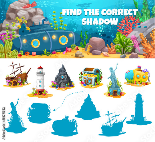 Find the correct shadow of underwater fairytale house buildings. Kids vector game worksheet, matching riddle with sunken ship, beacon, treasure chest, statue and submarine fantasy mermaid sea homes
