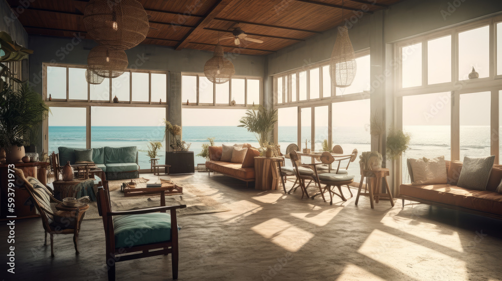Fototapeta premium Atmospheric interior of a beach lounge with a view of the sea and sunset. Al generated