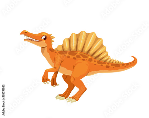 Cartoon Spinosaurus dinosaur character. Prehistoric lizard isolated vector cheerful personage. Extinct reptile, Mesozoic era animal or carnivorous dinosaur cute mascot with sharp teeth and spine hump © Vector Tradition