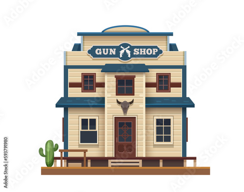 Western Wild West, gun shop building in Texas, vector country town wooden architecture. American Wild West country shop of cowboy guns and shotguns, Western building with longhorn skull signage