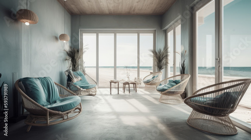 Atmospheric interior of a beach lounge with a view of the sea and sunset. Al generated