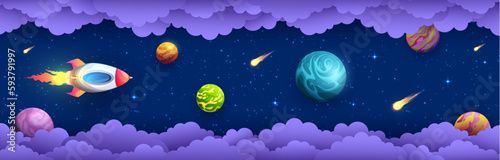 Space paper cut. Flying rocket in galaxy universe vector banner with cartoon planets, stars, comets and 3d layered origami borders of papercut clouds. Fantasy galaxy landscape for space travel themes