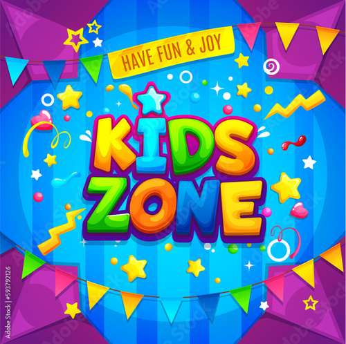 Kids zone background, child fun play and game area, vector banner with cartoon text. Kids zone or playground room and children park sign for baby birthday party or playroom area poster with confetti photo