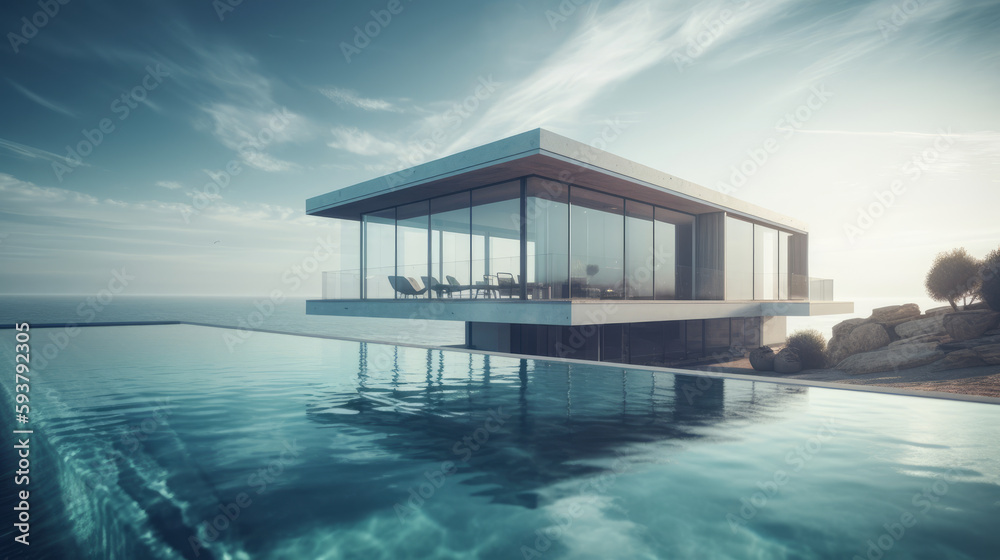 Fototapeta premium Luxury residential minimalist villa with pool and ocean. Al generated