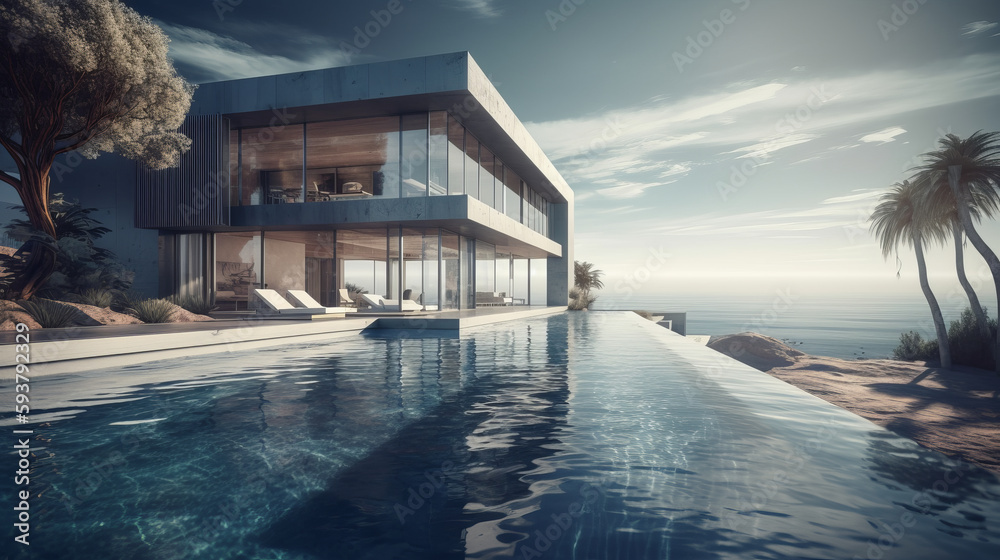 Luxury residential minimalist villa with pool and ocean. Al generated