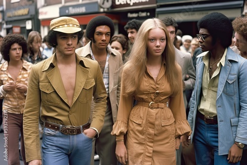 Vintage picture of a young stylish people walking in a city street in 1974. Generative AI photo