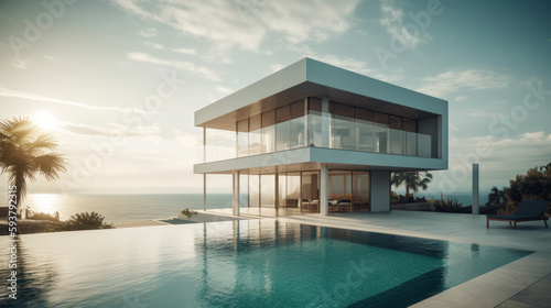 Luxury residential minimalist villa with pool and ocean. Al generated © ArtStage